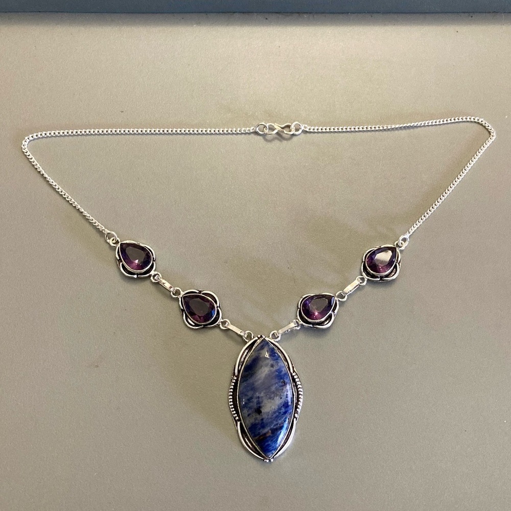 925 sterling silver overlay purple amethyst & blue sodalite stone boho necklace - Picture 9 of 15